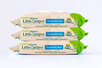 Happy Little Camper Flushable Baby Wipes with Organic Aloe, Septic Safe, 3 Packs of 50