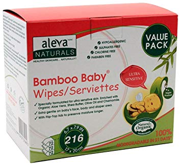 Aleva Naturals Bamboo Baby Sensitive Wipes - Value Bundle (216 Count / Three pack value bundle)