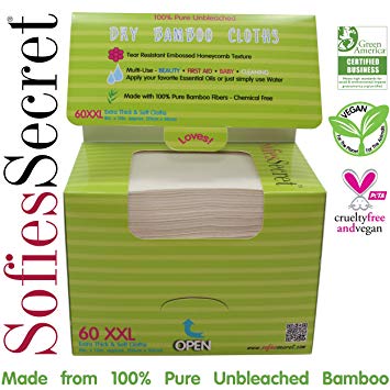 SofiesSecret Unbleached Bamboo DRY Wipes, Extra Thick, XXL, Refill 60 Count – Multi-Use: Beauty, First...