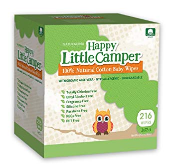 Happy Little Camper Baby Wipes, Natural All-Cotton with Organic Aloe, for Sensitive Skin, 216 Count