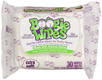 Boogie Wipes 30 Piece Gentle Saline for Stuffy Noses Simply Unscented, 3 Count
