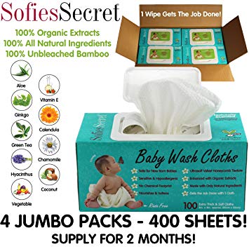 SofiesSecret Fragrance-Free Organic Hypoallergenic Sensitive Bamboo Baby Wipes, 8-Inch-by-8-Inch, Jumbo...