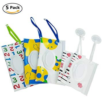 Reusable Wet Wipe Pouch(Set of 5)- Dispenser for Baby Or Personal Wipes,Wet Wipe Portable Travel Cases (5 Pack)