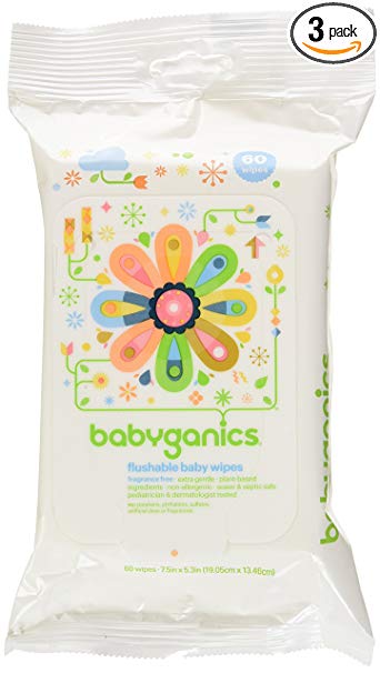 Babyganics Flushable Baby Wipes, Fragrance Free, 60 Count - Packaging May Vary (Pack of 3, 180 Total Wipes)