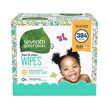 Seventh Generation Free and Clear Baby Wipes with Flip Top Dispenser, 64 Count, 6pack