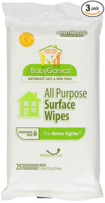 BabyGanics The Grime Fighter All Purpose Wipes On-the-Go, Unscented, 25-count Pouch (Pack of 3),...