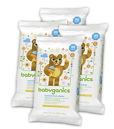 Babyganics Hand & Face Wipes, Fragrance Free, 30 Count (Pack of 4, 120 Total Wipes)